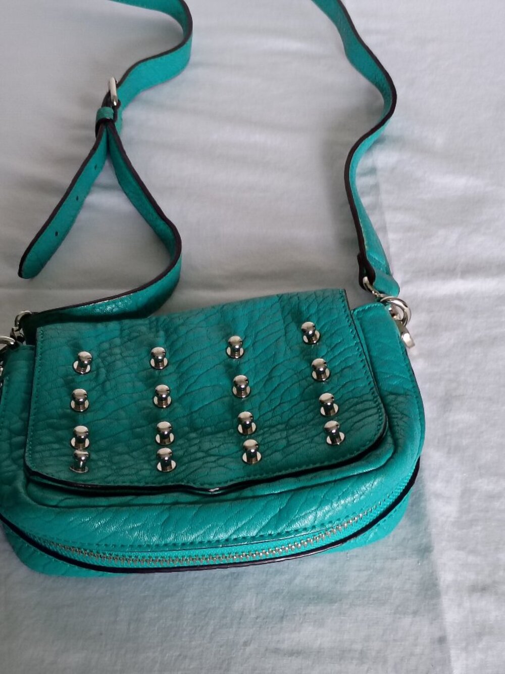 Rebecca Minkoff Crossbody Turquoise with Silver Tone Stubs 100% Leather